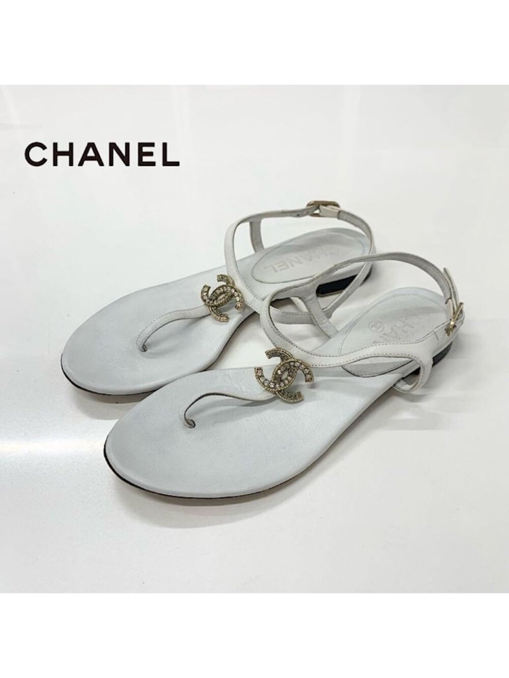 Chanel CC Logo Leather Line Stone Strap Thong Sandals